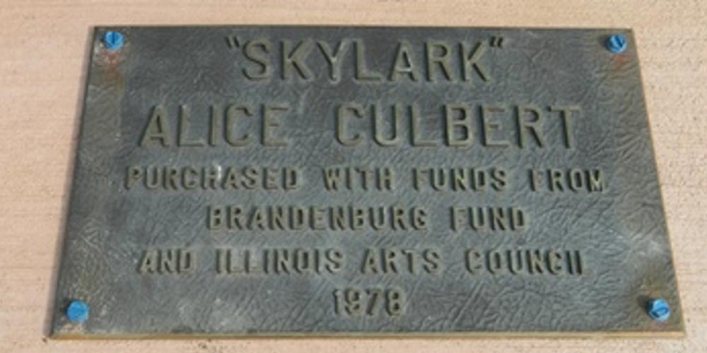 Metal plate with inscription: 'Skylark' - Alice Culbert - Purchased with funds from Brandenburg fund and Illinois Arts Council 1978