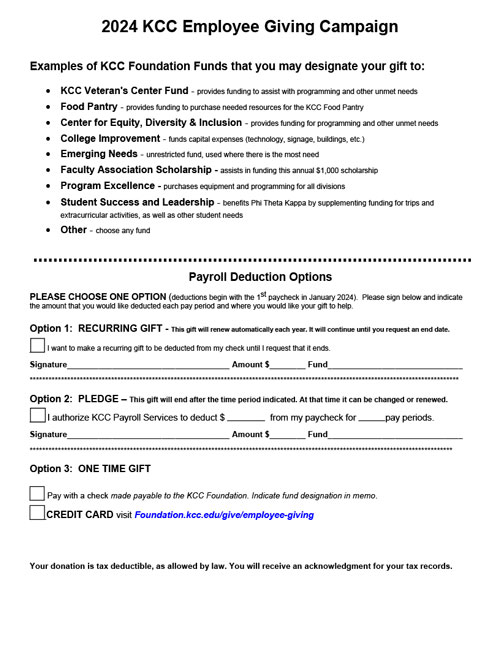 Thumbnail image of the KCC United Way pledge form