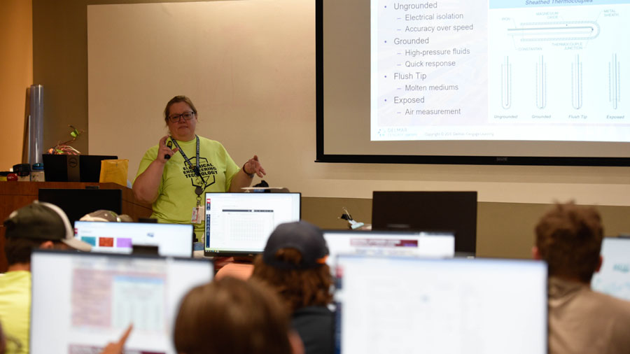 Instructor giving a presentation at the front of a classroom of students