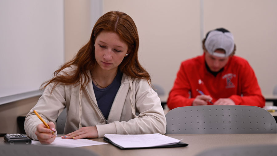 Student at a desk with a pencil, paper, and calculator and another student in the background