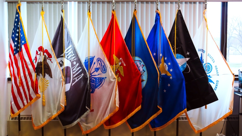 Veteran flags on display in the veterans center