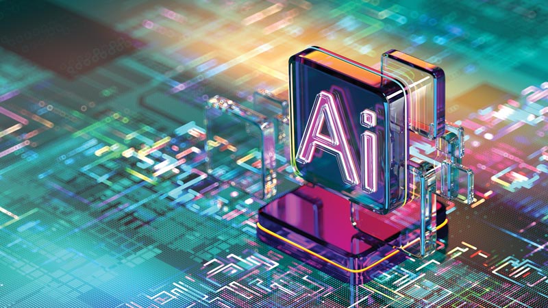 A vibrant, 3D glass-like block featuring the letters 