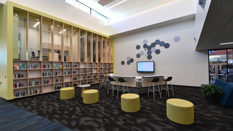 Photo of the newly renovated library interior from the entrance.