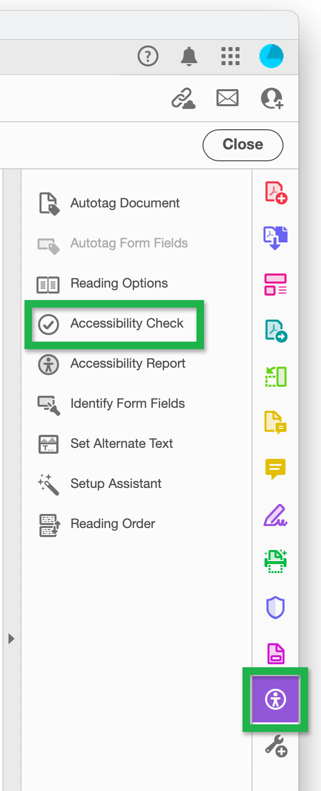 Screenshot highlighting 'Accessibility Check' in Acrobat's accessibility tools