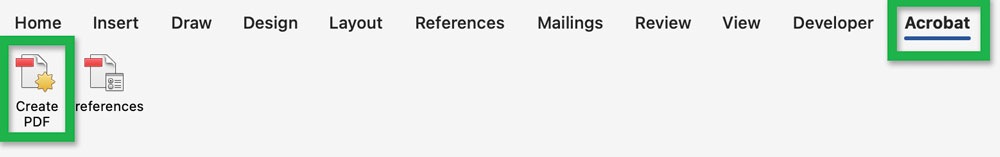 Screenshot of the 'Acrobat' tab highlighting the 'Create PDF' icon.