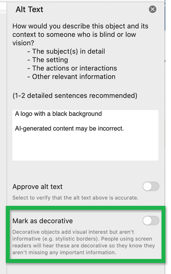 Screenshot highlighting the 'Mark as decorative' option of the Alt Text panel