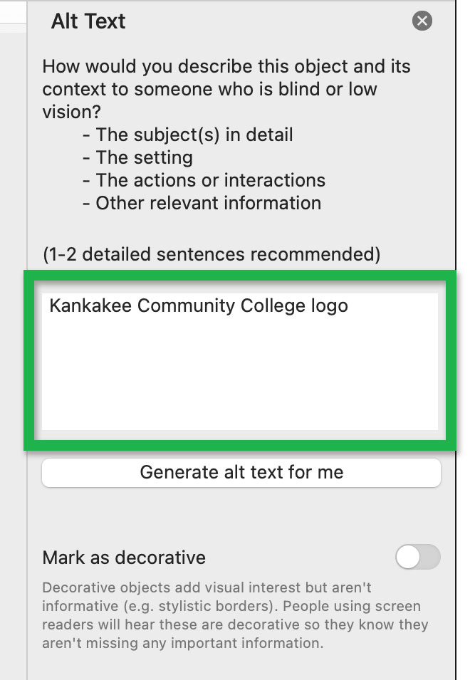 Screenshot highlighting the text box for adjusting alternative text in Word