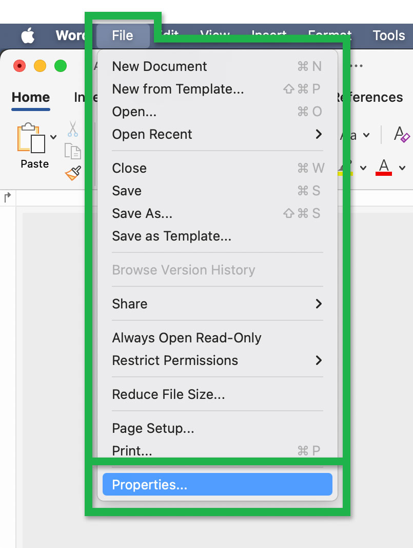 Screenshot showing the 'Properties' option in the 'File' dropdown menu.