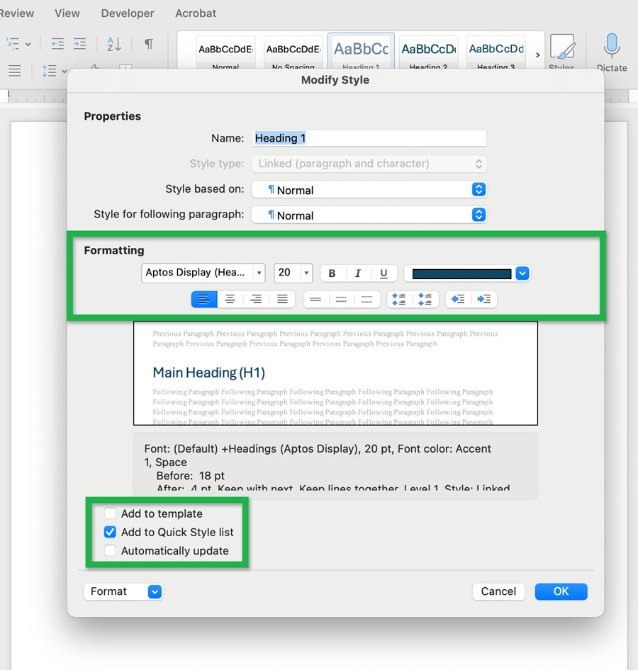 Screenshot of a Word document showing the menu from right-clicking the 'Heading 1' style with a green rectangle highlighting the 'Modify...' option