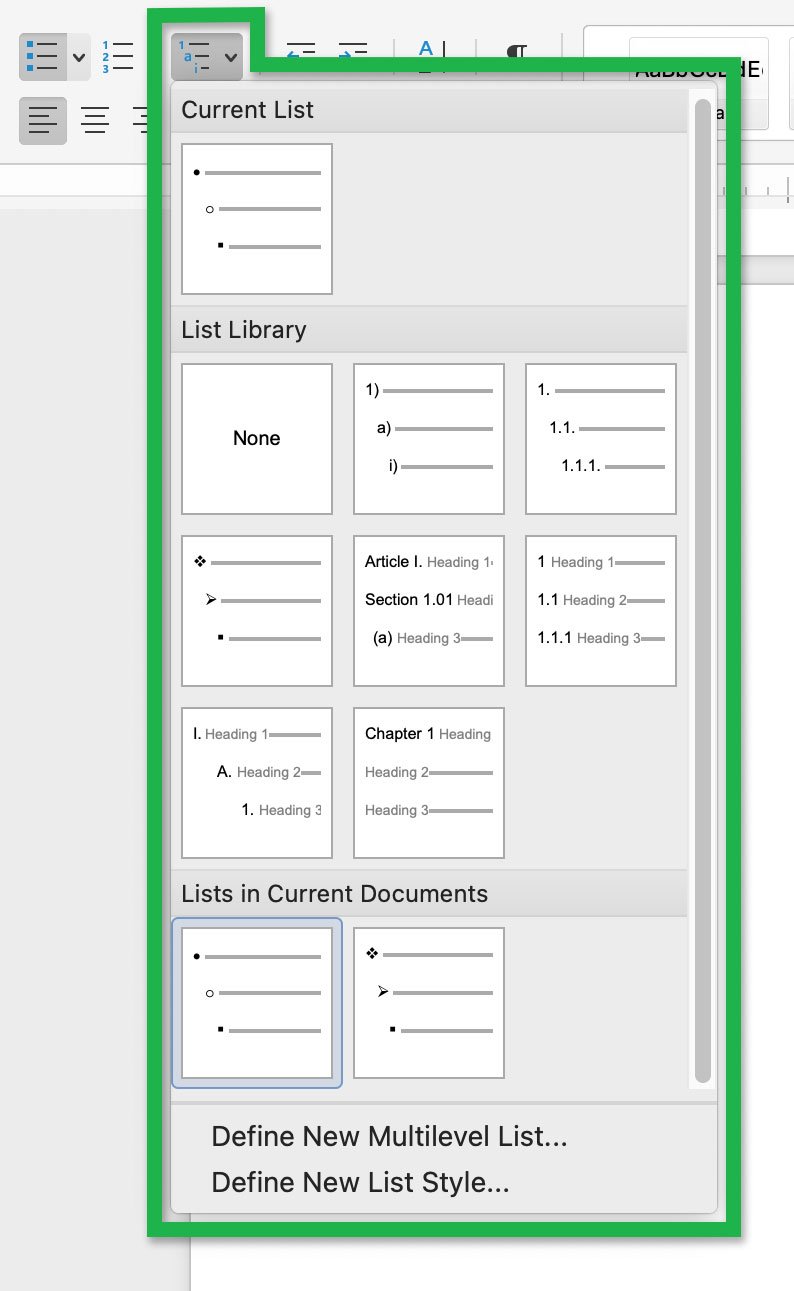 Screenshot highlighting the list library options for multilevel lists