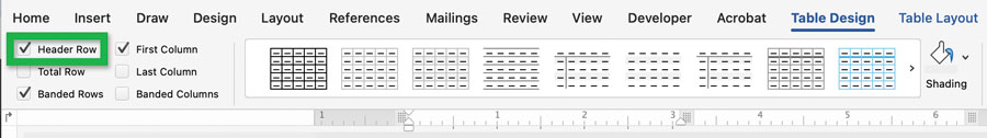 Screenshot highlighting the location of the 'Header Row' checkbox in Word