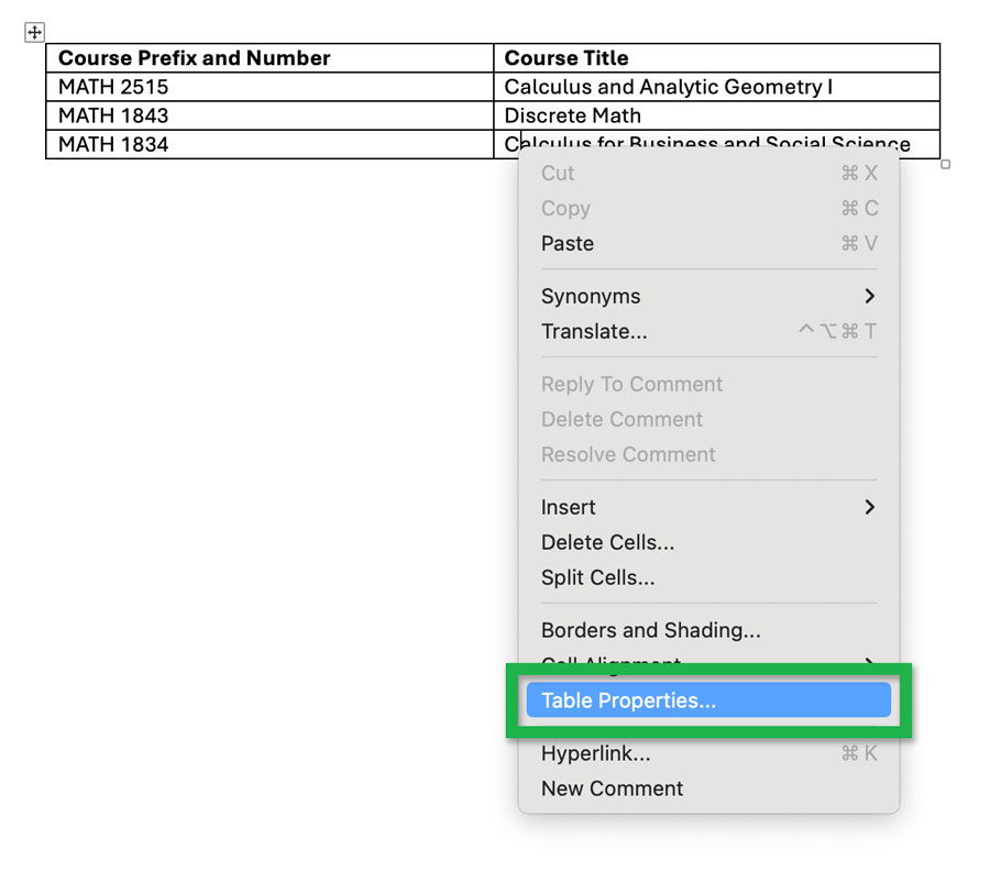 Screenshot highlighting the 'Table properties...' option while right clicking a table in Word